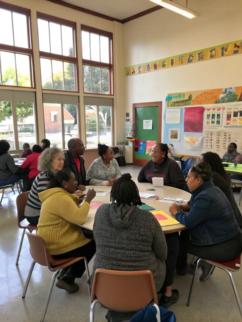 A diverse group of people sitting at a table, reviewing legal documents related to eviction prevention, with a supportive and collaborative atmosphere.