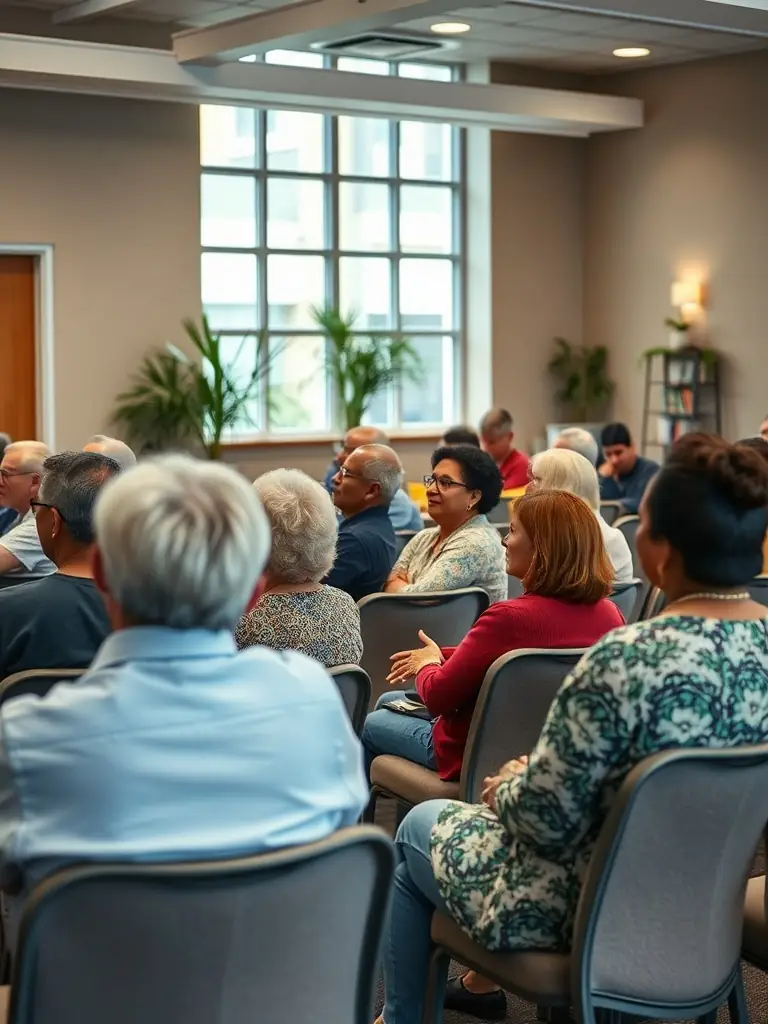 A community meeting where people are sharing information and resources related to tenant rights and eviction prevention.