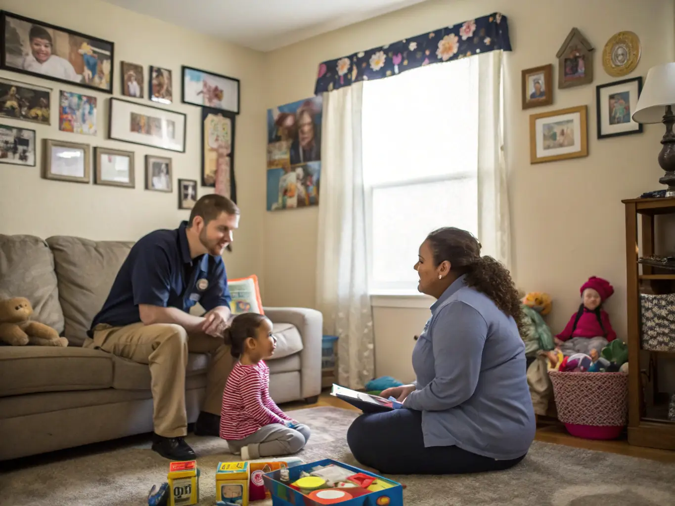 A family is receiving assistance from a social worker in a bright and welcoming office, highlighting the support available through various assistance programs.