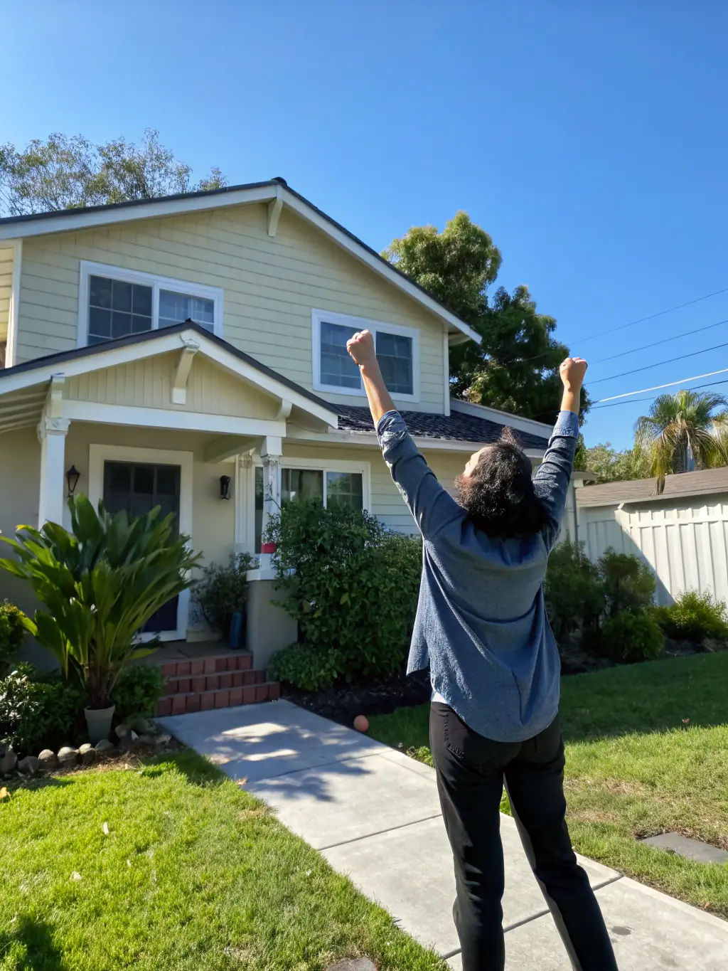 A photo of a person smiling in front of their new home, representing the joy and stability of having a permanent place to live.